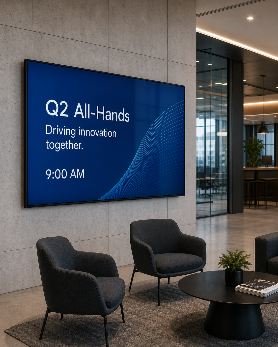 Digital signage announcing a company all-hands in a modern office