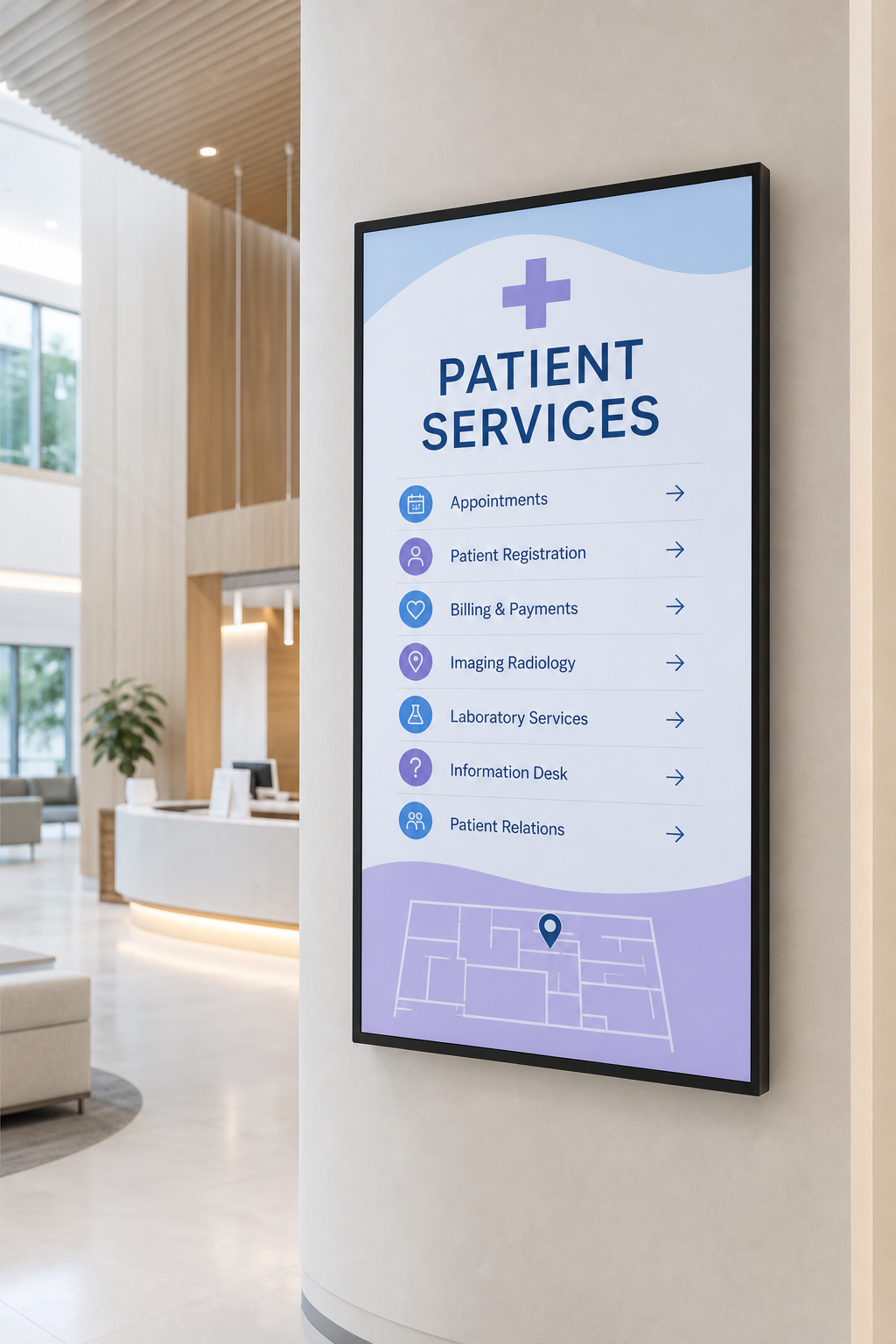 Hospital digital signage showing patient services and wayfinding