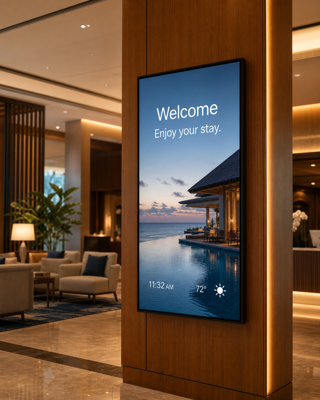 Digital welcome display in a luxury hotel lobby