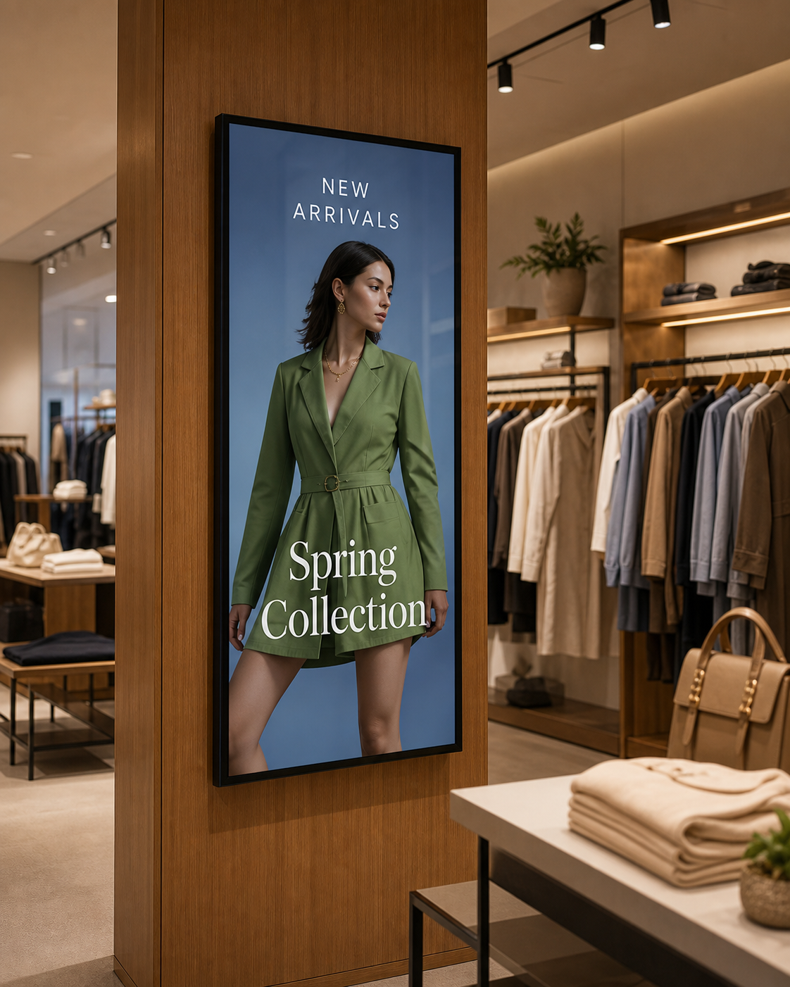 Digital signage showing a spring fashion campaign in a premium retail store