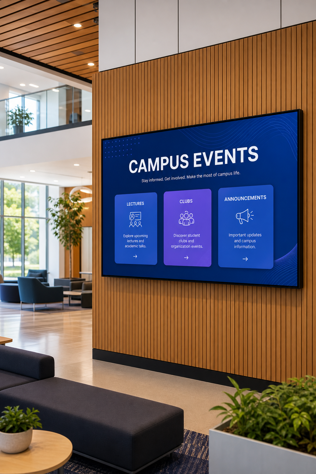 University digital signage presenting campus events and announcements